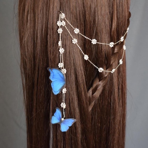 Butterfly Hair Chain With Blue Silk Organza Butterflies and