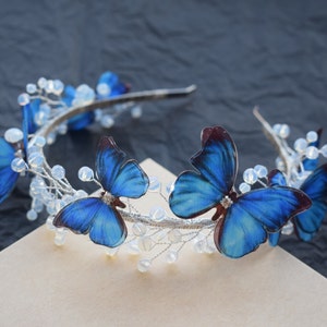 Luna moth butterfly hair piece moonstone crystals and silver wire headband Morpho blue