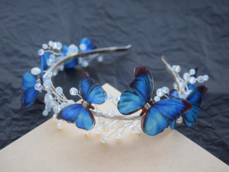 Luna moth butterfly hair piece moonstone crystals and silver wire headband Morpho blue