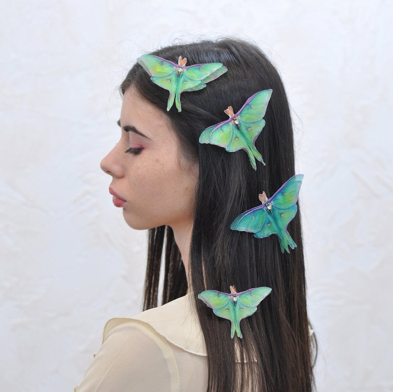 Silk luna moth hair clips pins or comb with 3d double-layer wings hair accessories for women and girl gift image 1