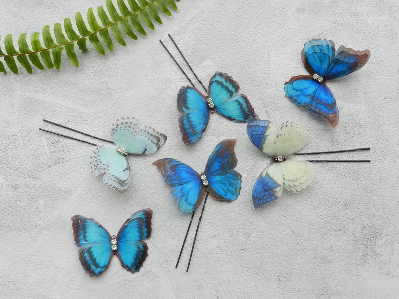 Silk blue butterflies hair clips with three-layer wings something blue hair accessories for bride image 5