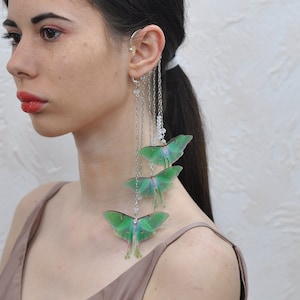 Ear cuff no piercing luna moth butterflies silk long ear climber earrings