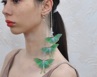 Ear cuff no piercing luna moth butterflies silk long ear climber earrings
