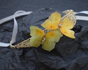 Yellow Silk Butterfly Hair Crown: Golden Crystal Wire Headband