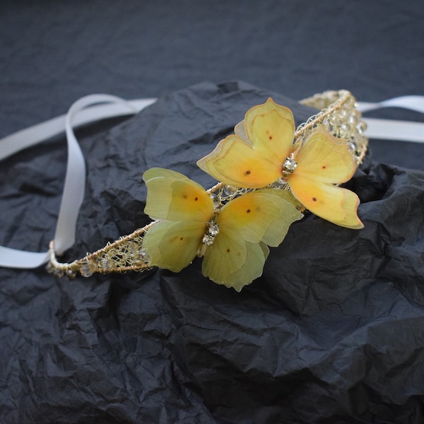 Yellow silk butterflies hair crown golden crystals and wire headband woman jewelry birthday party gift