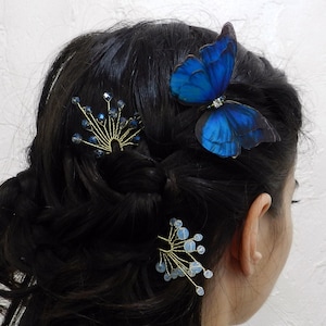 Silk blue butterflies hair pins with crystals hair accessories for women