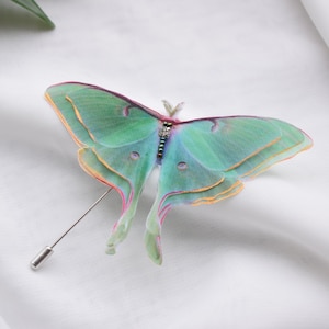 Luna moth silk butterfly brooch lapel pin with rhinestone Valentine day gift for her image 2