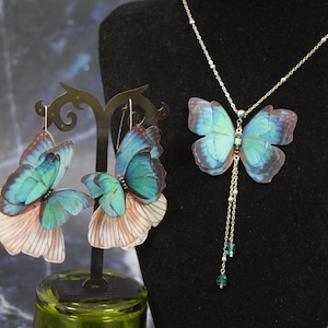 Schmetterling Halskette & Ohrringe blau Seide Schmuckset Geschenk für Frau oder Mädchen