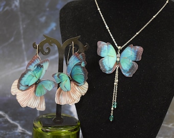 Butterfly necklace & earrings blue silk jewelry set gift for woman or girl