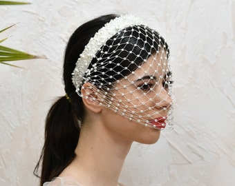 Wedding short birdcage veil headband with pearls and crystals - white bridal hair piece jewelry