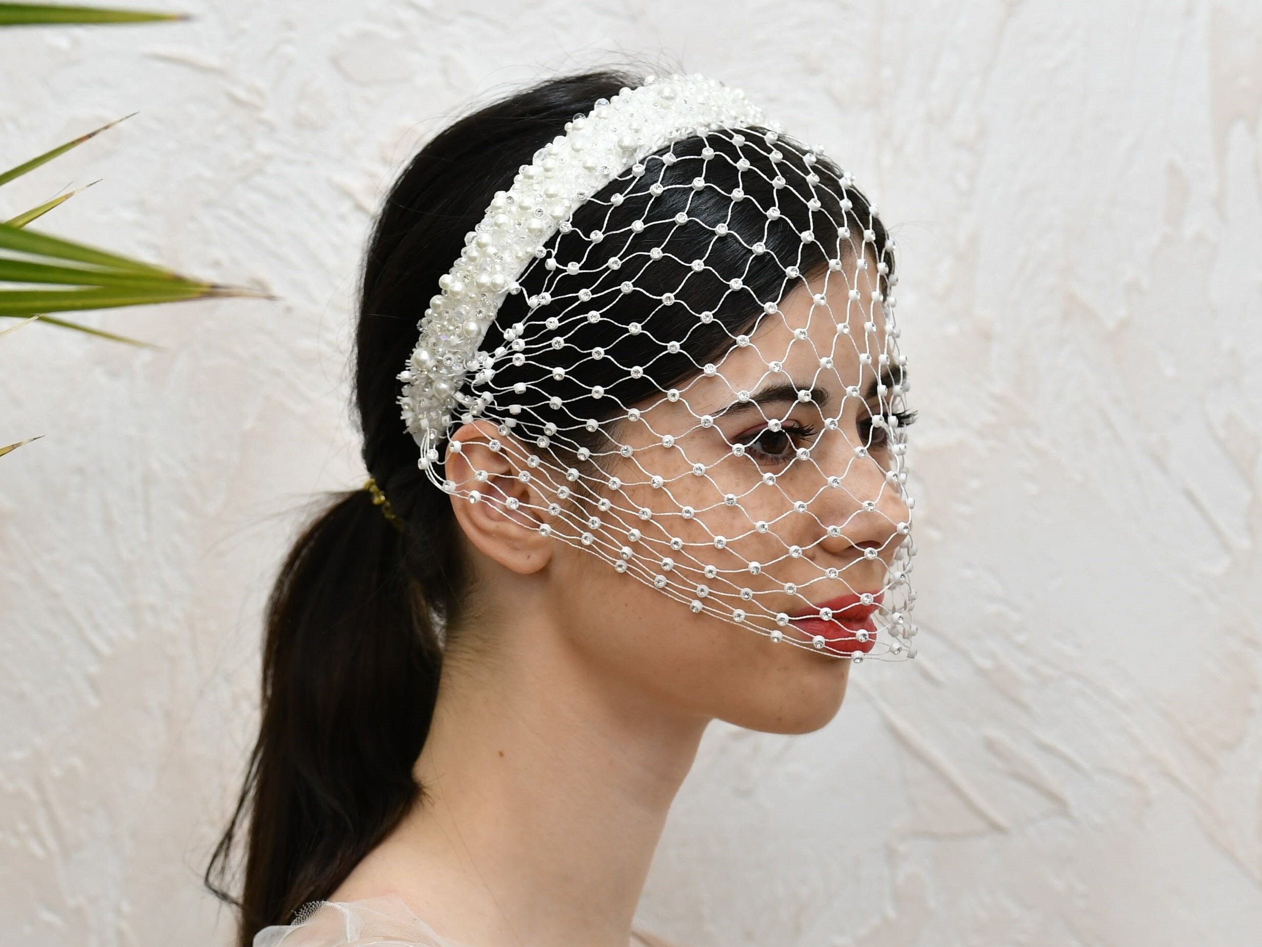 Real Silk Bow Birdcage Veil Headband With Vintage Flower Centre 