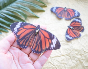 Broche o pinza para el cabello con forma de mariposa monarca - Joyería ligera de seda naranja para mujer