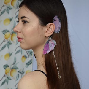 Butterfly Wings Ear Cuff geen piercing met roze feeënvleugels en haarspeld fuchsia maanmot, lichtgewicht fantasieoorbellen cadeau voor haar