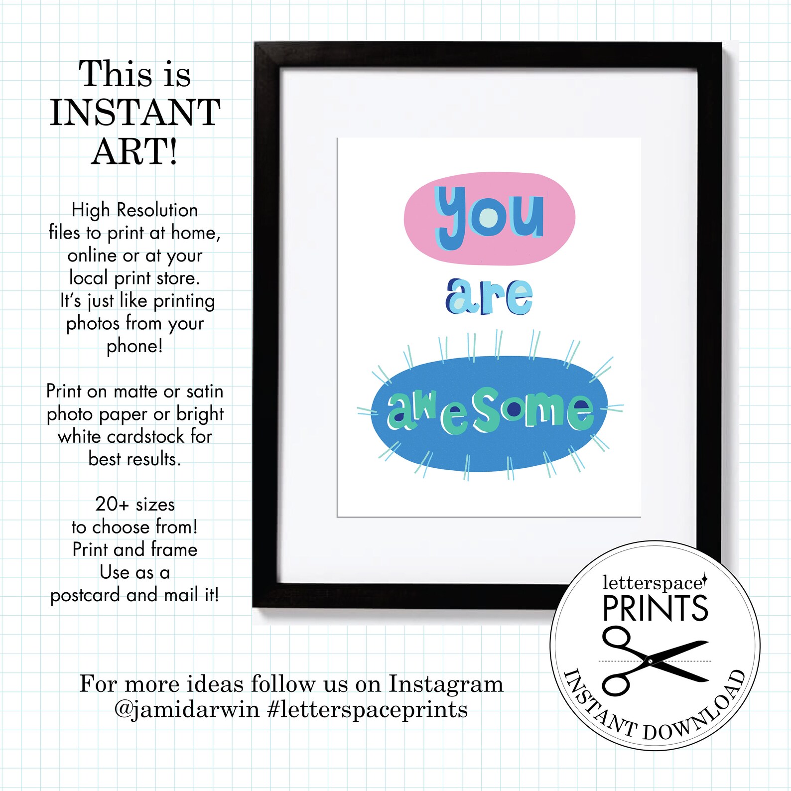 You Are Awesome PRINTABLE Wall Art Pink and Blue Typographic | Etsy