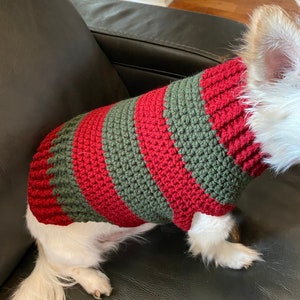 Hand Crocheted Dog Sweater in Red and Green Stripes available in 4 sizes
