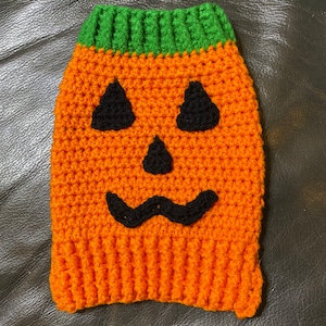 May include: Orange crocheted pumpkin costume for a pet with black felt eyes, nose, and a mustache. The costume has a green crocheted collar.
