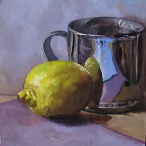Lemon and Silver Cup Original oil Painting on Panel - Ed Watson