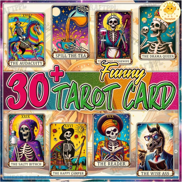 30+ Funny Tarot Card Png Bundle, Reading Skeleton Sublimation Design, The Lover Card Skull Tarot T-shirt Png File, Digital Download