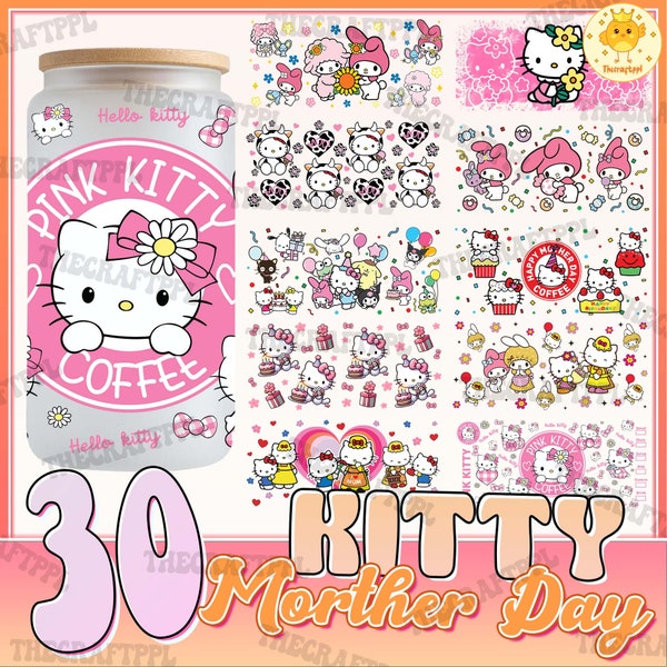 30 Cute Cat Flower 16oz Libbey Tumbler Wrap Bundle, Gift For Mom Libbey Full Wrap, Mother's Day 16oz Libbey Glass Can Wrap Png, Digital File