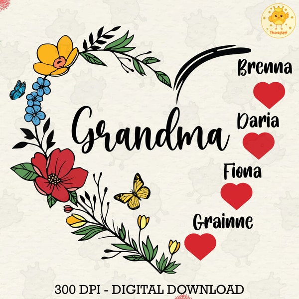 CUSTOM Grandma Floral Kid Name Mama Heart Png, Personalized Kid Name/ Grandkids Name Png, Christmas Custom Png, Digital Download