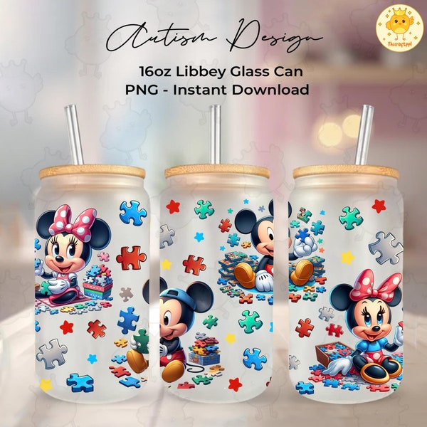 Autism Heart Glass Can, Autism Mouse 16oz Libbey Glass Can Sublimation Design, Autism Tumbler Wrap, Autism Wrap Png, Digital Download