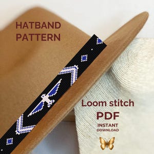 May include: A black hatband pattern featuring a repeating geometric design with white and blue bird motifs. The text HATBAND PATTERN, Loom stitch PDF, and INSTANT DOWNLOAD are visible alongside a small gold butterfly icon on a tan hat.