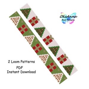 Può includere: Due modelli di telaio con disegni di alberi di Natale e regali in verde, rosso e bianco. I modelli sono su sfondo bianco. Il testo sull'immagine recita "2 Loom Patterns PDF Instant Download" e "OksAnna Bead Patterns".