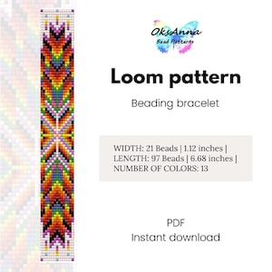 May include: A colourful beaded bracelet loom pattern with instructions for making a bracelet. The pattern is 6.68 inches long and 1.12 inches wide and uses 13 colours of beads. The pattern is available as a PDF download.