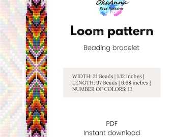 May include: A colourful beaded bracelet loom pattern with instructions for making a bracelet. The pattern is 6.68 inches long and 1.12 inches wide and uses 13 colours of beads. The pattern is available as a PDF download.
