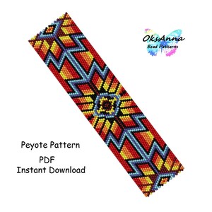 Könnte beinhalten: Ein farbenfrohes Perlenmuster im Peyote-Stich mit einem geometrischen Design in Rot, Orange, Gelb, Blau und Schwarz. Das Muster trägt den Titel "Peyote Pattern PDF Instant Download".