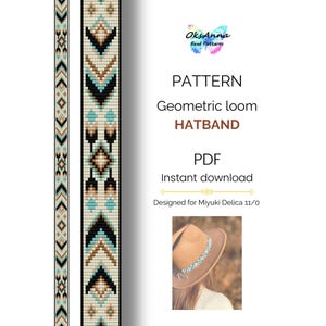 Puede incluir: Un patrón de banda para sombrero geométrico en telar en formato PDF. El diseño presenta un patrón repetitivo de formas negras, turquesas y beige sobre un fondo crema. Incluye el texto "PATTERN Geometric loom HATBAND PDF Instant download".
