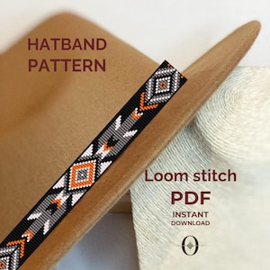May include: A tan hat featuring a black, white, and orange geometric beaded hatband pattern. The image includes the text HATBAND PATTERN, Loom stitch PDF, and INSTANT DOWNLOAD. The design consists of repeating diamond and arrow shapes.