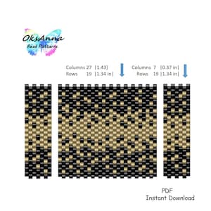 以下が含まれることがあります： OksAnnaによるデジタルPDFビーズパターン。このパターンは、黒と金の幾何学模様が特徴です。パターンは高さ3.4cmで、27列あります。PDFは即時ダウンロードできます。