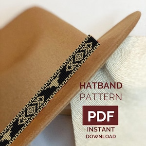 May include: A tan hat with a black and beige patterned hatband. The hatband features geometric designs. Text on the image reads "HATBAND PATTERN PDF INSTANT DOWNLOAD".
