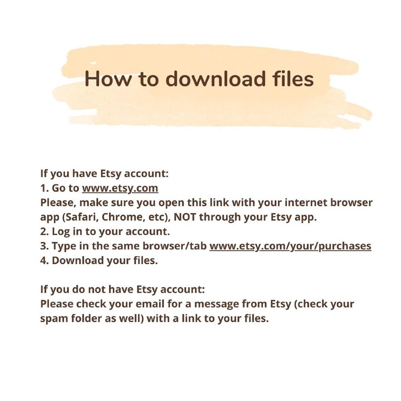 Op de afbeelding: Instructies over het downloaden van digitale bestanden die zijn gekocht bij Etsy. De instructies leggen uit hoe je bestanden kunt downloaden met behulp van een webbrowser en hoe je toegang krijgt tot bestanden als je geen Etsy-account hebt.