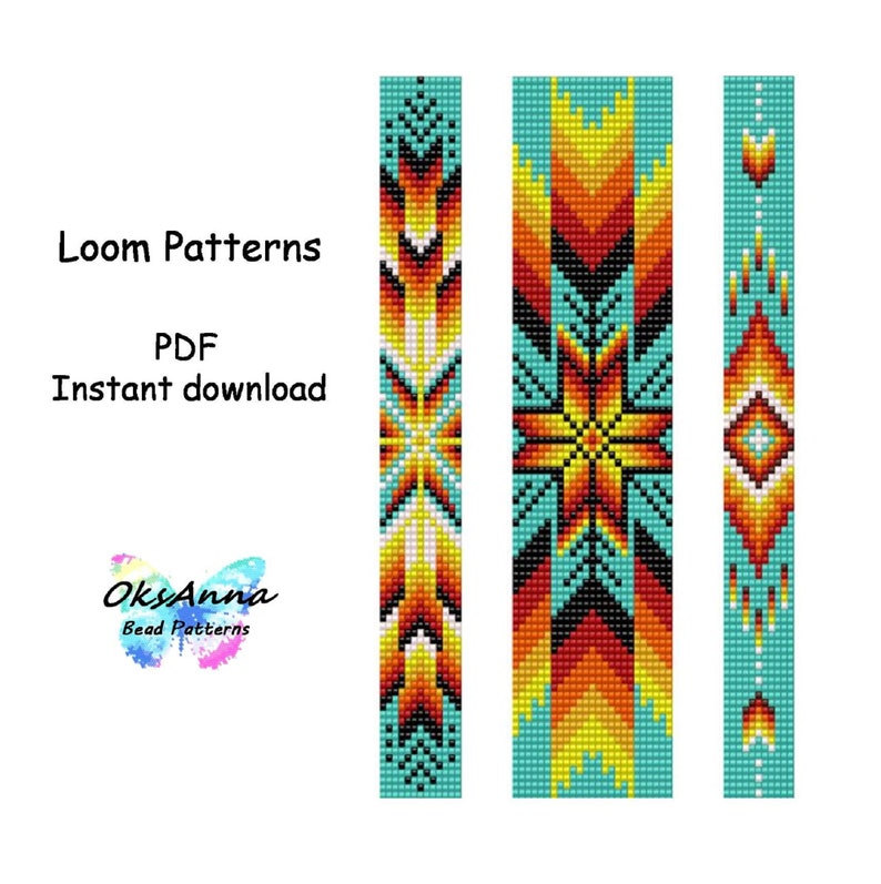 Op de afbeelding: Drie kralenweefpatronen in PDF-formaat om direct te downloaden. De patronen hebben een turquoise achtergrond met geometrische ontwerpen in geel, oranje, rood, wit en zwart.