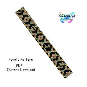May include: A black and gold peyote pattern with geometric designs. The pattern includes accents of pink, blue, and yellow. Text on the image reads "Peyote Pattern PDF Instant Download" and "OksAnna Bead Patterns".