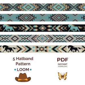 May include: Five horizontal bead loom hatband patterns featuring geometric diamond motifs and horse silhouettes in black, turquoise, tan, and white. The text reads 5 Hatband Pattern LOOM, PDF INSTANT DOWNLOAD, accompanied by a brown hat and butterfly icon.