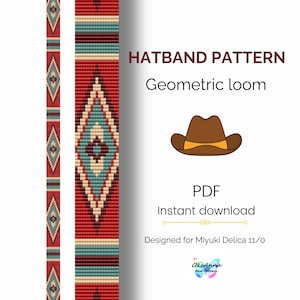 May include: A digital PDF hatband pattern with geometric loom design. The image features a hat illustration, the text "HATBAND PATTERN", and "Geometric loom". The pattern is designed for Miyuki Delica 11/0 beads.