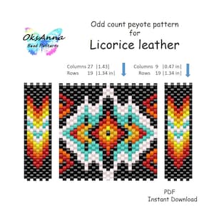 May include: A digital PDF pattern for beadwork, featuring a colorful geometric design in black, orange, yellow, and turquoise. The pattern is designed for odd count peyote stitch and is intended for use with licorice leather. The pattern includes measurements in inches.