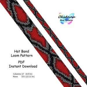 Może przedstawiać: Wzór na haft koralikowy na opaskę na czapkę w kolorze czerwonym i czarnym. Wzór ma 17 kolumn szerokości i 321 rzędów długości, mierząc 2,3 cm szerokości i 56,1 cm długości. Wzór nazywa się "Hat Band Loom Pattern" i jest dostępny jako natychmiastowy pobranie w formacie PDF. Tekst "OksAnna Bead Patterns" jest również widoczny na obrazku.