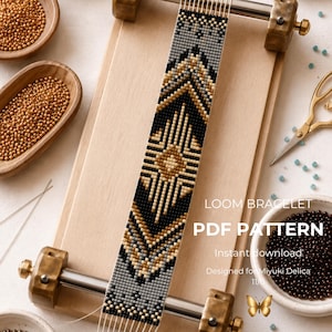 May include: A bead loom holding a woven bracelet with a geometric pattern in black, gold, and grey. The text reads LOOM BRACELET PDF PATTERN, Instant download, Designed for Miyuki Delica 11/0. Includes wooden bowls of beads and gold scissors.