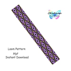 May include: A beaded loom pattern in shades of purple, black, and gold, featuring a repeating geometric design. The text "Loom Pattern PDF Instant Download" is displayed below the pattern. The OksAnna Bead Patterns logo is in the upper right corner.