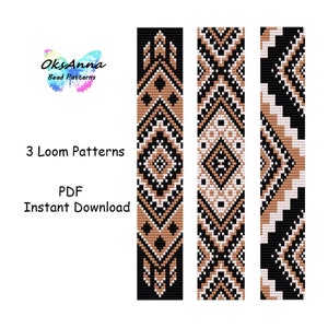 以下が含まれることがあります： 黒、白、茶色の3つのビーズ織りパターン。パターンは幾何学模様で、ダイヤモンドの形をしています。画像には「3 Loom Patterns」と「PDF Instant Download」のテキストが含まれています。