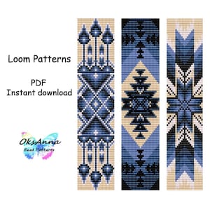 May include: Three loom beading patterns in blue, white and beige colours. The patterns are geometric and feature a variety of shapes, including triangles, squares and diamonds. The text "Loom Patterns" and "PDF Instant download" is visible at the top of the image.