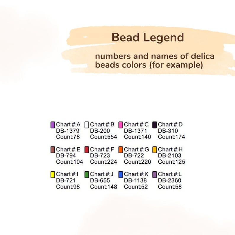 May include: A bead legend chart displaying twelve color-coded Delica beads labeled A through L. Each entry includes a specific color swatch, a chart letter, a DB number, and a bead count. The text reads Bead Legend, numbers and names of delica beads colors.