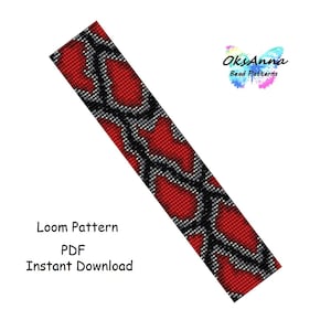 May include: A loom beading pattern for a red and black snake skin bracelet. The pattern is available as a PDF instant download. The text "Loom Pattern PDF Instant Download" is at the bottom of the image.
