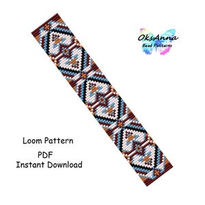 May include: A rectangular loom pattern design in shades of white, blue, brown, and tan. The pattern features geometric shapes and is labeled "Loom Pattern PDF Instant Download" with the "OksAnna Bead Patterns" logo.
