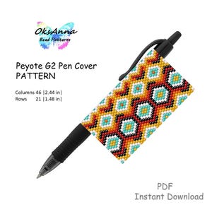 May include: A black pen with a colorful beaded cover featuring a geometric pattern in shades of orange, red, turquoise, and white. The text on the image reads "Peyote G2 Pen Cover PATTERN" and includes measurements of 2.44 inches by 1.48 inches. The image also includes the text "PDF Instant Download".
