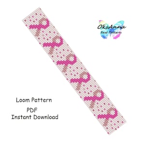 May include: A beaded loom pattern featuring pink and brown ribbons on a light pink background. The text "Loom Pattern PDF Instant Download" is displayed below the pattern. The OksAnna Bead Patterns logo is in the upper right corner.
